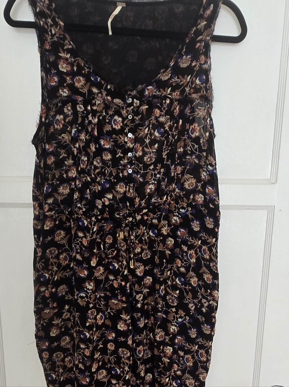 Free People Black Floral Drawstring Sleeveless Loose Fitting Jumpsuit